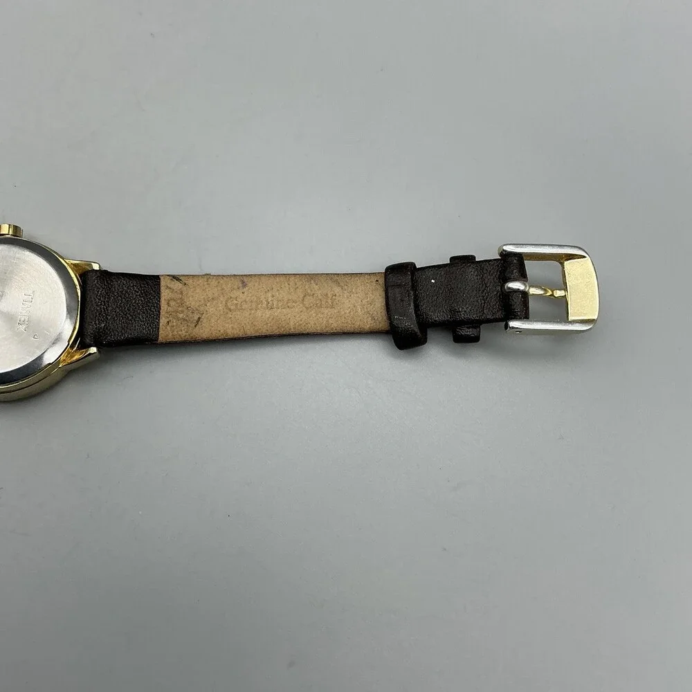 Timex Indiglo Womens Watch 25mm White Dial Leather Date Gold Tone New Battery